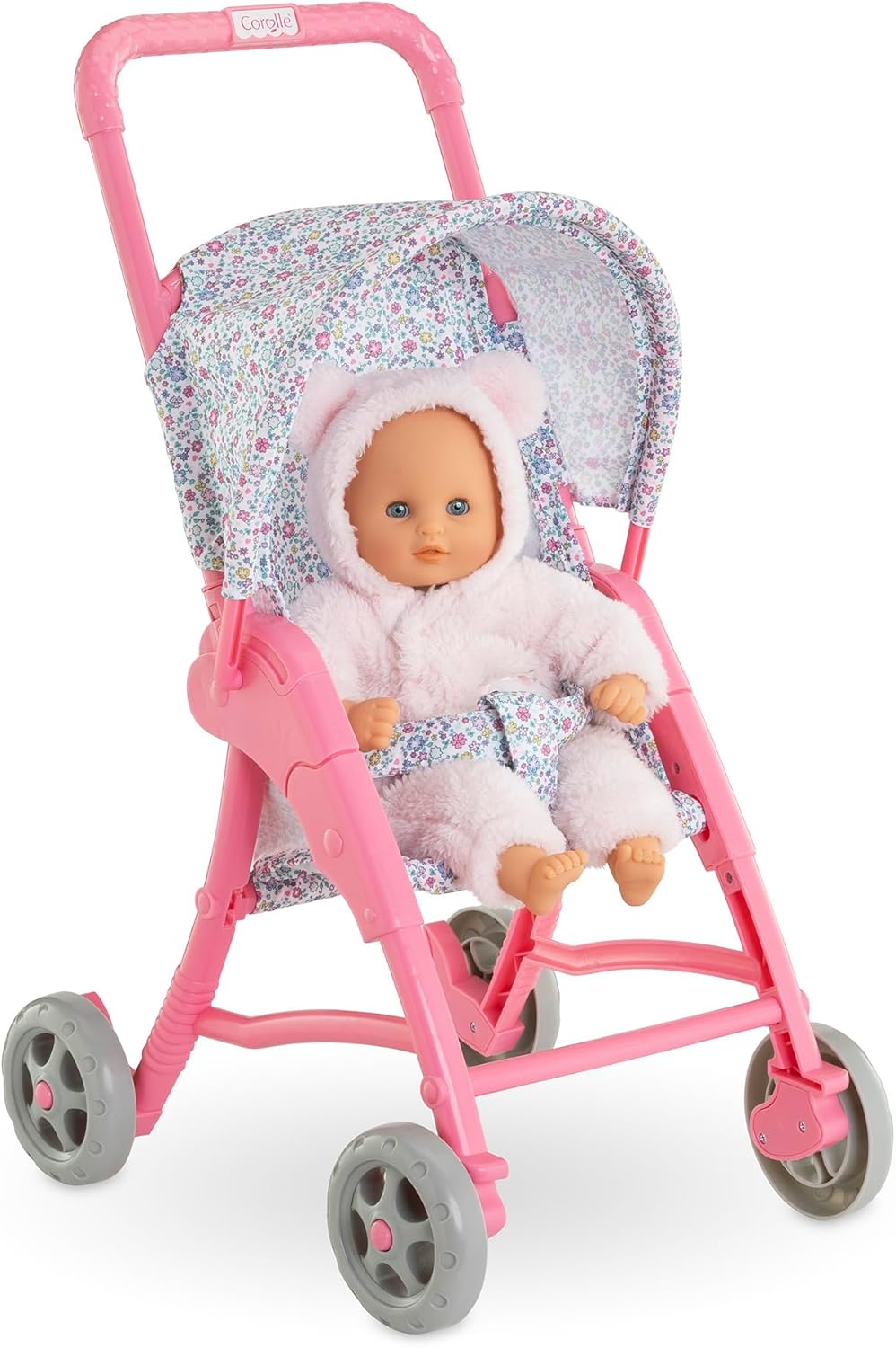 A Corolle My First Doll in a white bear suit sits in the Stroller - Flowered, featuring a floral canopy.