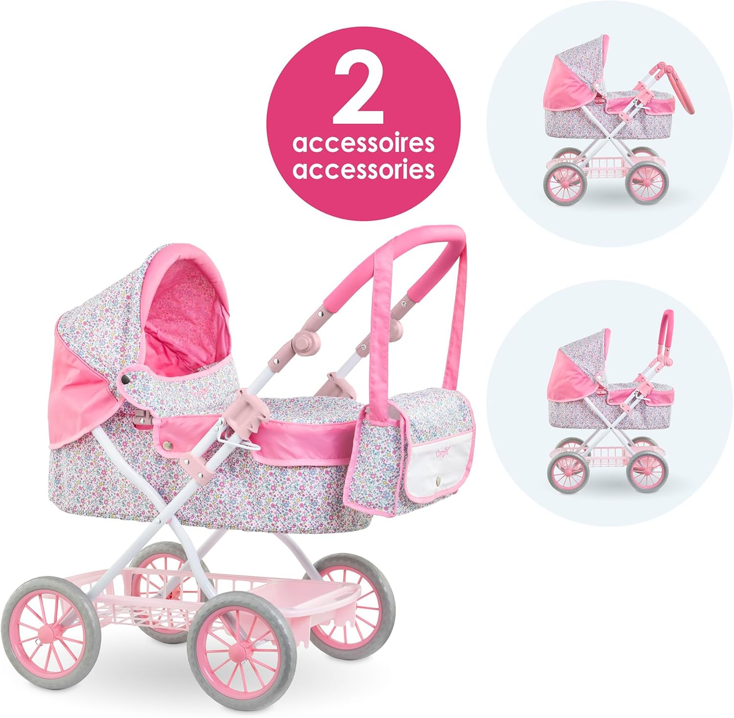 The Corolle Carriage - Bright Pink Floral is a baby doll stroller with large wheels, an adjustable handlebar, and includes 2 accessories. Packaging labeled in English and French.