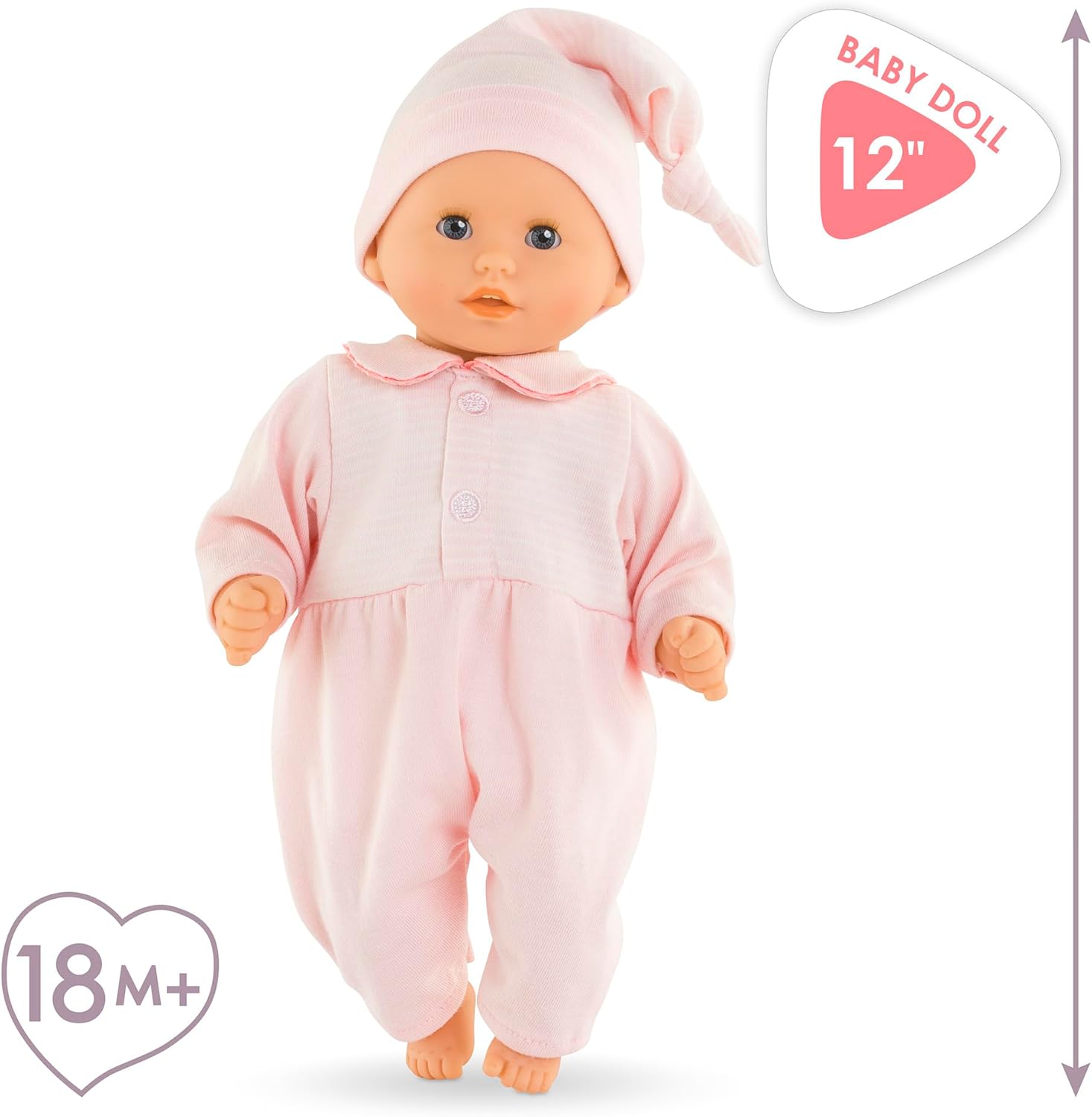 The Corolle Bebe Calin - Charming Pastel 12" baby doll, dressed in a pink outfit and hat, is perfect as a first doll for children aged 18 months and up.