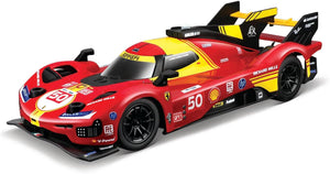 The Maisto R/C 1:24 Endurance Racers Ferrari 499P (2024) features a striking red and yellow Le Mans Champion livery with number 50, aerodynamic styling, sponsor logos, and black wheels, seen here photographed on a white background.