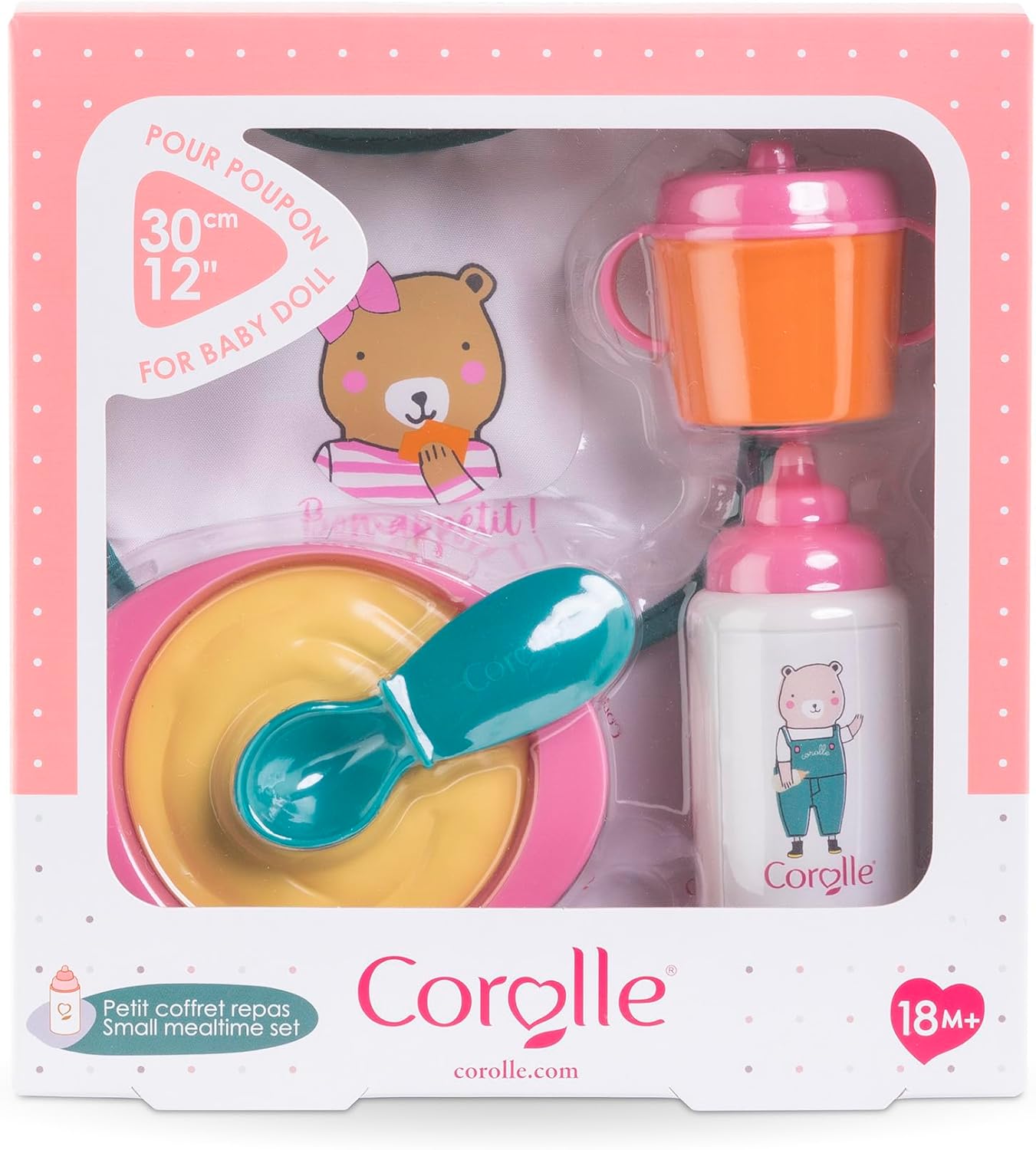 The Corolle Mealtime Set - Pink includes a bib, sippy cup, bottle, bowl, and spoon for 12-inch dolls; this educational playset is perfect for children ages 18 months and up.
