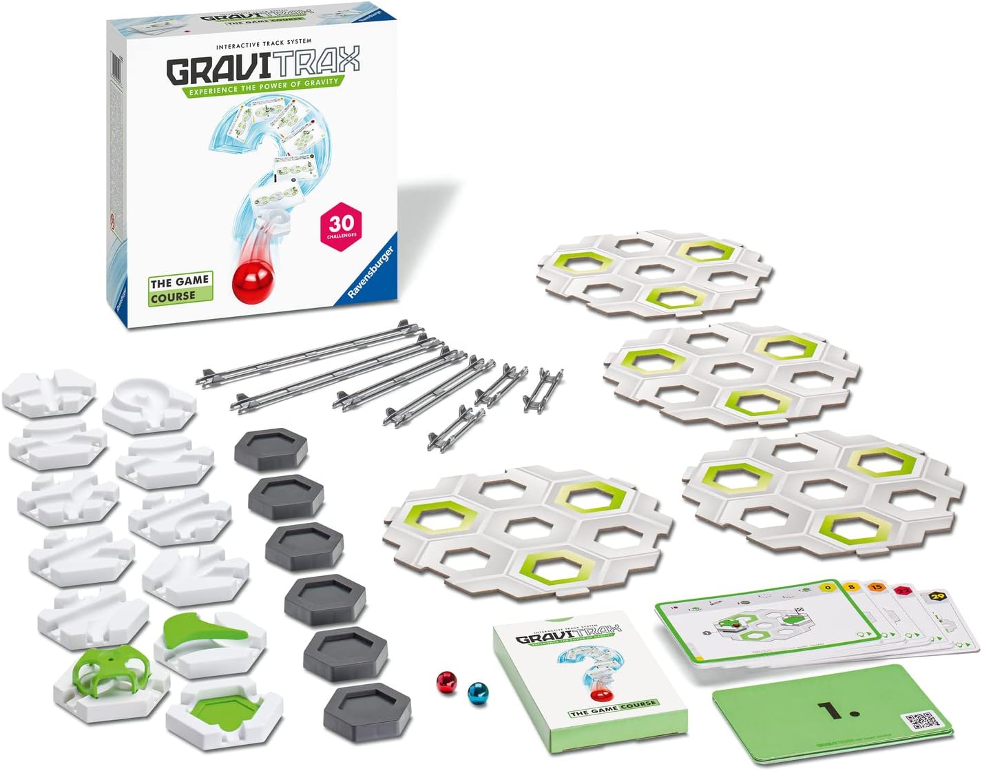 GraviTrax Go: Explosive by GraviTrax is shown with track pieces, hexagonal bases, metal rods, marbles, an instruction booklet, and its box arranged on a white background.