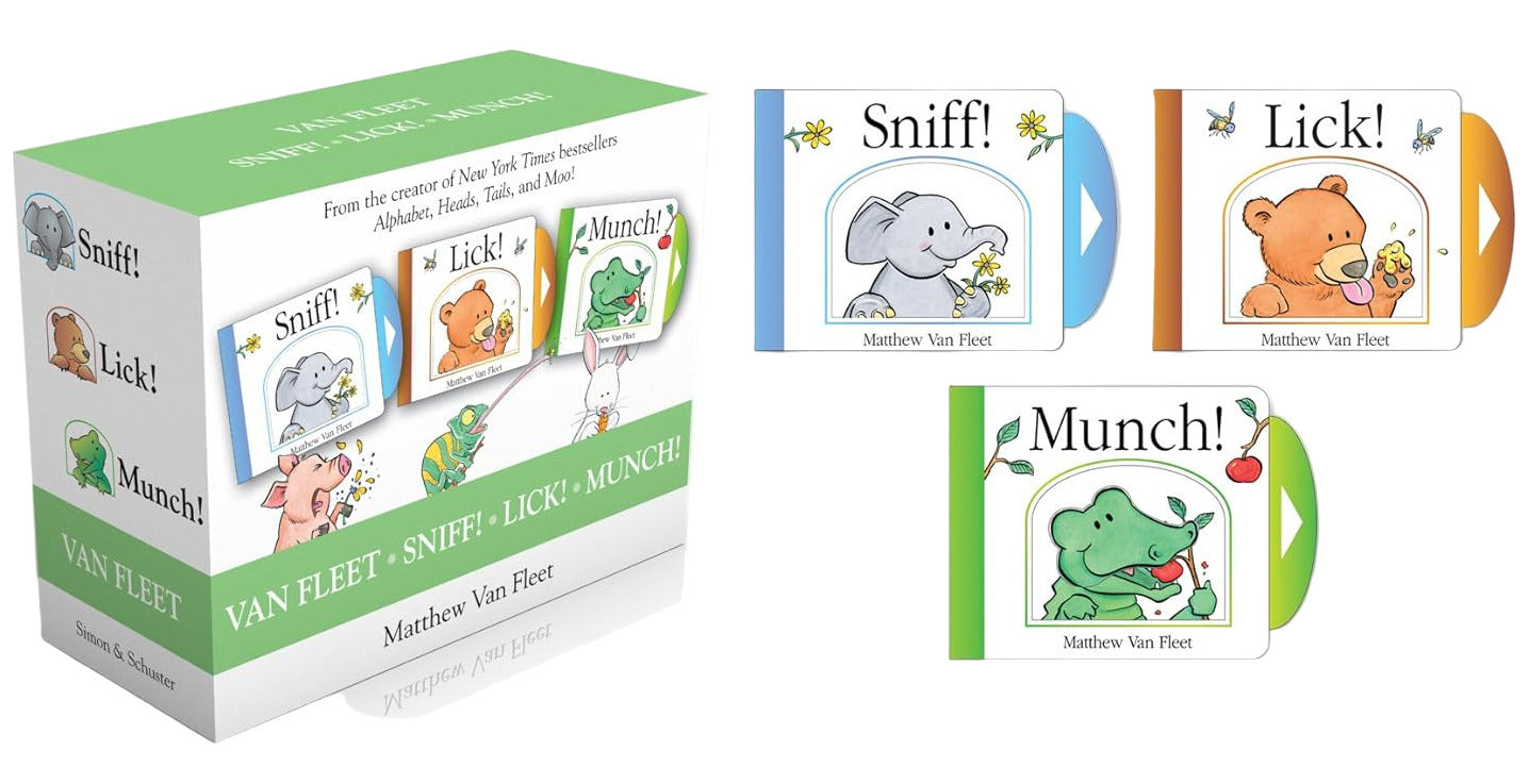 The Van Fleet Sniff! Lick! Munch! (Boxed Set) by Matthew Van Fleet from Simon & Schuster includes three interactive board books with charming animal illustrations—perfect for toddlers.