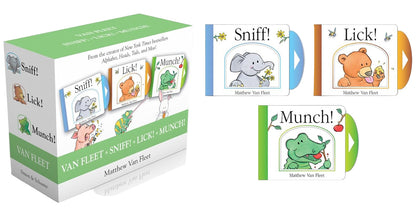 The Van Fleet Sniff! Lick! Munch! (Boxed Set) by Matthew Van Fleet from Simon & Schuster includes three interactive board books with charming animal illustrations—perfect for toddlers.
