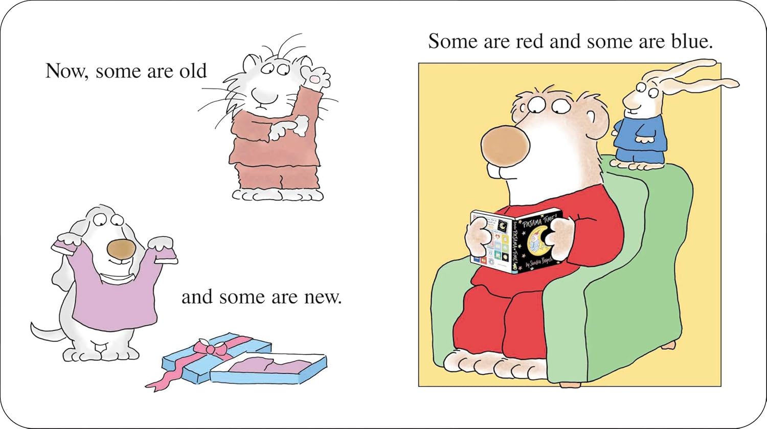 Four cartoon animals are shown; one holds up a new outfit, one scratches its head, and two sit on a green chair, with one holding Simon & Schuster’s Pajama Time! (Boynton on Board) board book.