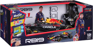 The Maisto R/C 1:24 Oracle Red Bull Racing RB19 (2023) is a remote-controlled car toy in box featuring an image of Max Verstappen. It offers 2.4 GHz frequency, USB charging, and is built to a 1:24 scale, making it suitable for ages 8 and up.