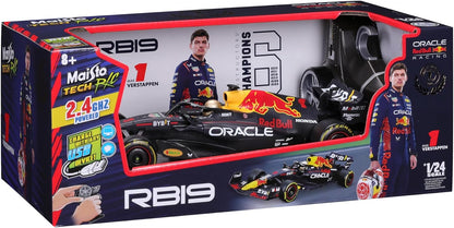 The Maisto R/C 1:24 Oracle Red Bull Racing RB19 (2023) is a remote-controlled car toy in box featuring an image of Max Verstappen. It offers 2.4 GHz frequency, USB charging, and is built to a 1:24 scale, making it suitable for ages 8 and up.