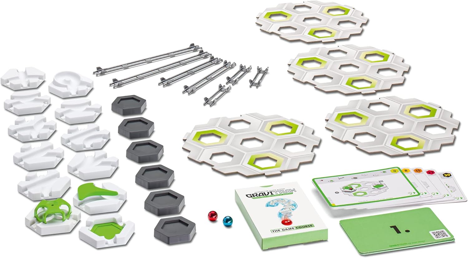 GraviTrax: The Game Course by GraviTrax features hexagonal tiles, metal rods, plastic pieces, two marbles, instruction cards, and green accents—everything you need to build your own STEM marble run game.