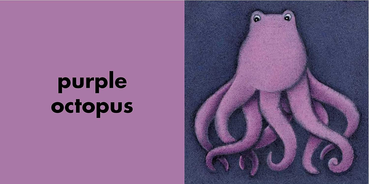 A cute purple octopus with big eyes on a dark background sits beside "purple octopus" on a solid purple panel—ideal for board books like Simon & Schuster’s The Rainbow Fish Colors that teach colors.