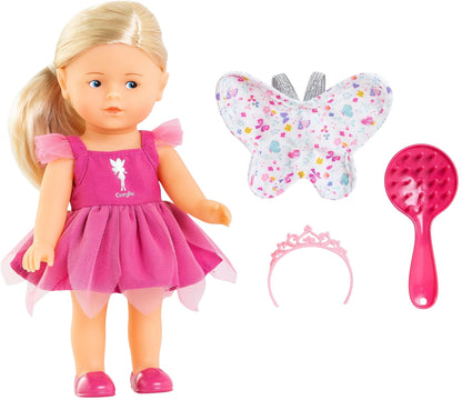 The Corolle Rosy Fairy Set features a doll in a pink dress with matching shoes, floral butterfly backpack, pink tiara, and hairbrush—a perfect gift box surprise for any child.