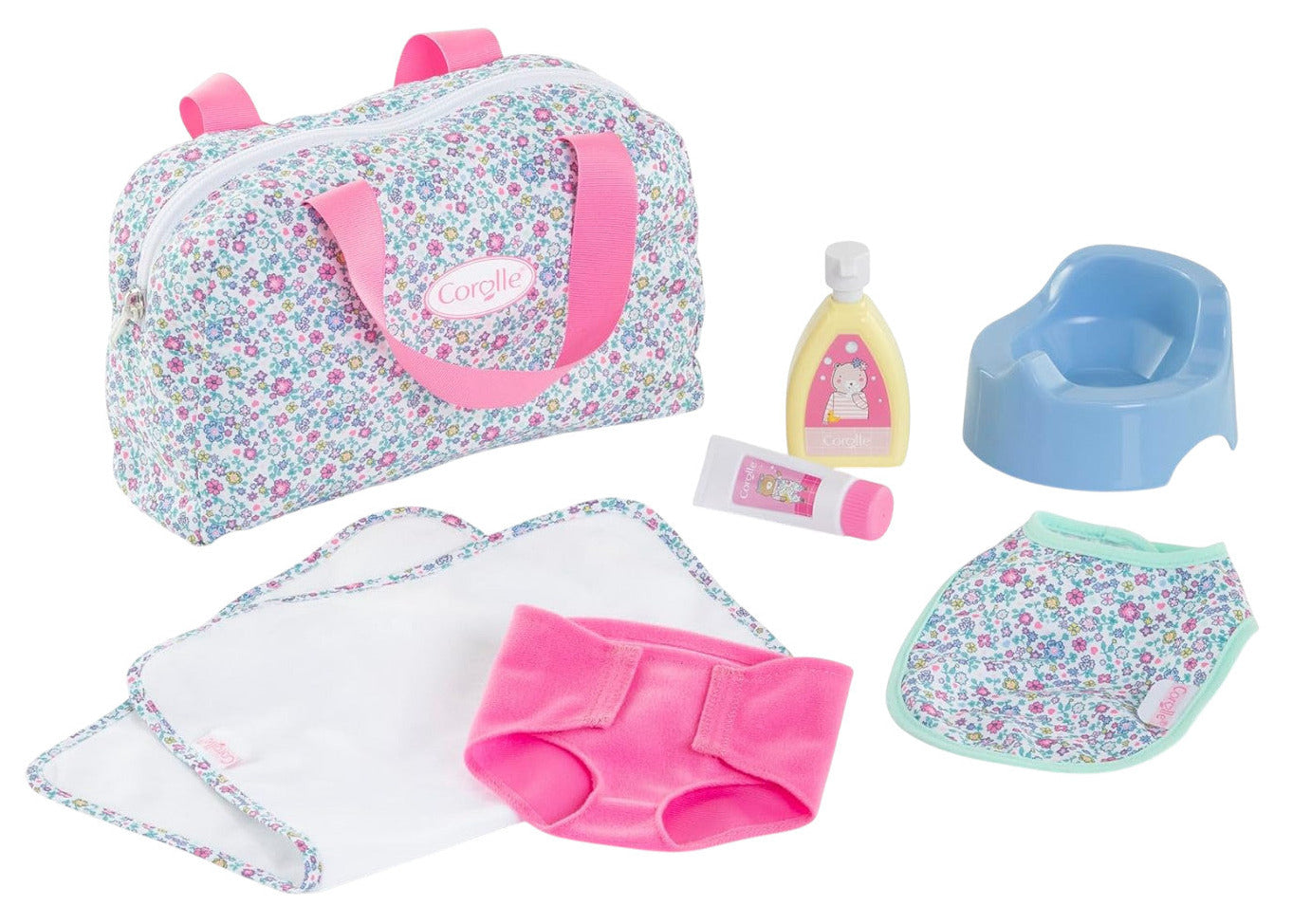 The Corolle Floral Changing Accessories Set includes a potty, lotion bottle, cream tube, 2 cloths, bib, and pink underwear.