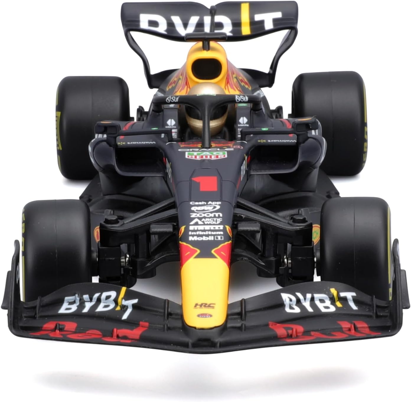 Front view of the Maisto R/C 1:24 Oracle Red Bull Racing RB19 (2023), a remote controlled car model featuring the iconic black, red, and yellow color scheme with authentic sponsor logos and a detailed cockpit—ideal for Max Verstappen fans or collectors seeking a realistic Formula 1 replica.