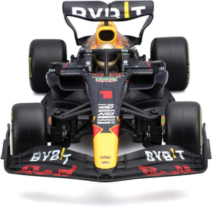 Front view of the Maisto R/C 1:24 Oracle Red Bull Racing RB19 (2023), a remote controlled car model featuring the iconic black, red, and yellow color scheme with authentic sponsor logos and a detailed cockpit—ideal for Max Verstappen fans or collectors seeking a realistic Formula 1 replica.