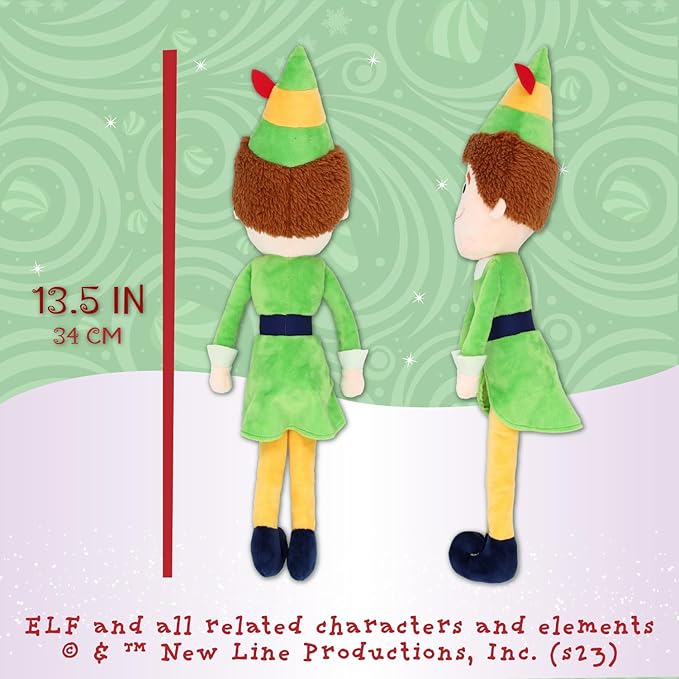 The Kids Preferred Elf Plush - Small is a 13.5-inch (34 cm) festive stuffed toy shown from the back and side against a green backdrop—perfect for kids who love holiday-themed plushies.