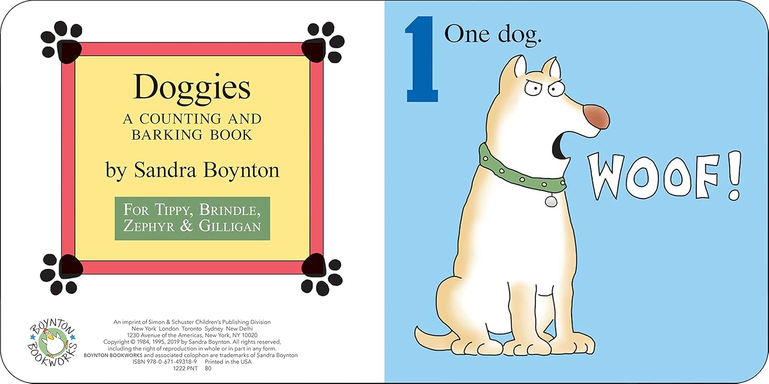Cover and inside page of "Doggies by Sandra Boynton" from Simon & Schuster, a charming children's book featuring an illustration of one dog saying "Woof!" with the text "One dog.