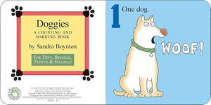Cover and inside page of "Doggies by Sandra Boynton" from Simon & Schuster, a charming children's book featuring an illustration of one dog saying "Woof!" with the text "One dog.