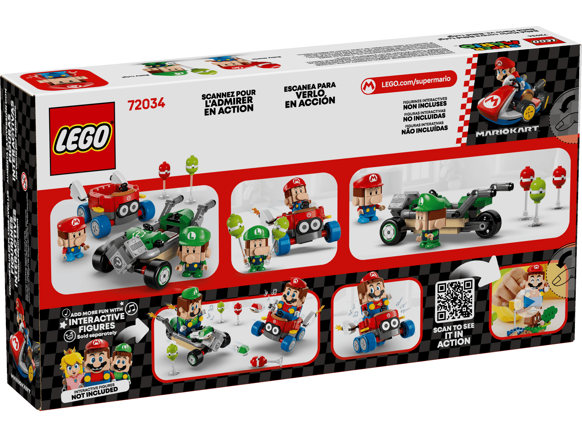 Back of LEGO® Super Mario™ Mario Kart™ – Baby Mario vs. Baby Luigi box from Legos - Toyhouse, showing the playset with buildable vehicles, characters, and play features. Interactive and Nintendo collectible figures not included.