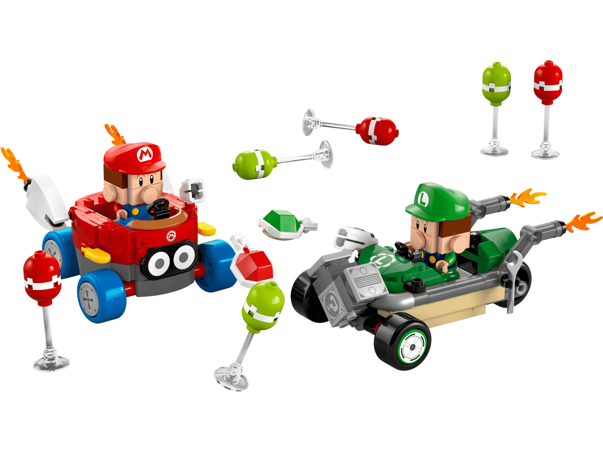 The LEGO® Super Mario™ Mario Kart™ – Baby Mario vs. Baby Luigi set by Legos - Toyhouse features Baby Mario and Baby Luigi racing in cars with green/red shells and Piranha Plant obstacles, inspired by the Nintendo Mario Kart series.