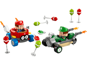 The LEGO® Super Mario™ Mario Kart™ – Baby Mario vs. Baby Luigi set by Legos - Toyhouse features Baby Mario and Baby Luigi racing in cars with green/red shells and Piranha Plant obstacles, inspired by the Nintendo Mario Kart series.