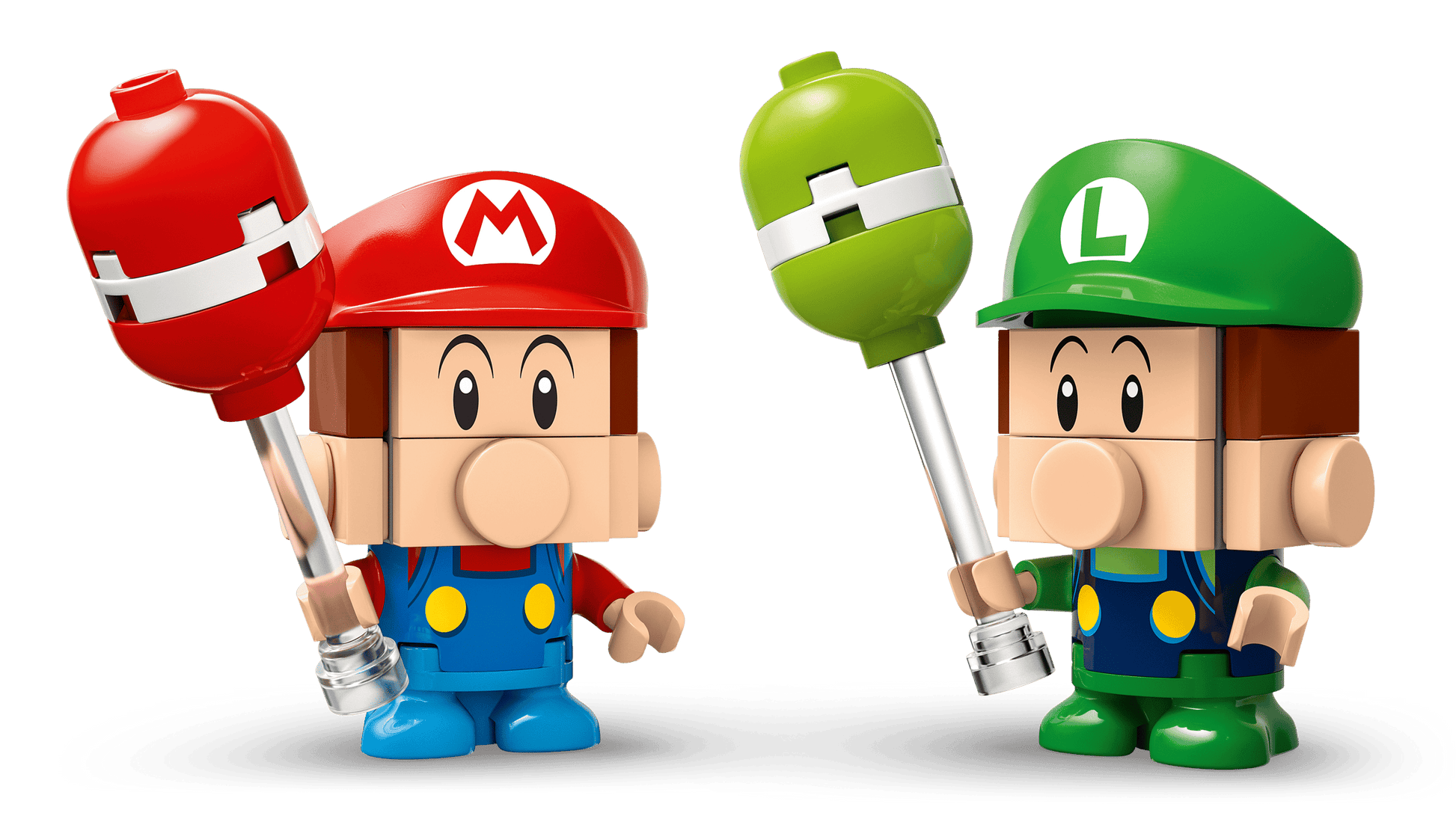 Two blocky toy figures—Baby Mario in red and Baby Luigi in green—hold pixelated hammers against a white background. These LEGO® Super Mario™ Mario Kart™ figures by Legos - Toyhouse are perfect collectibles for fans.