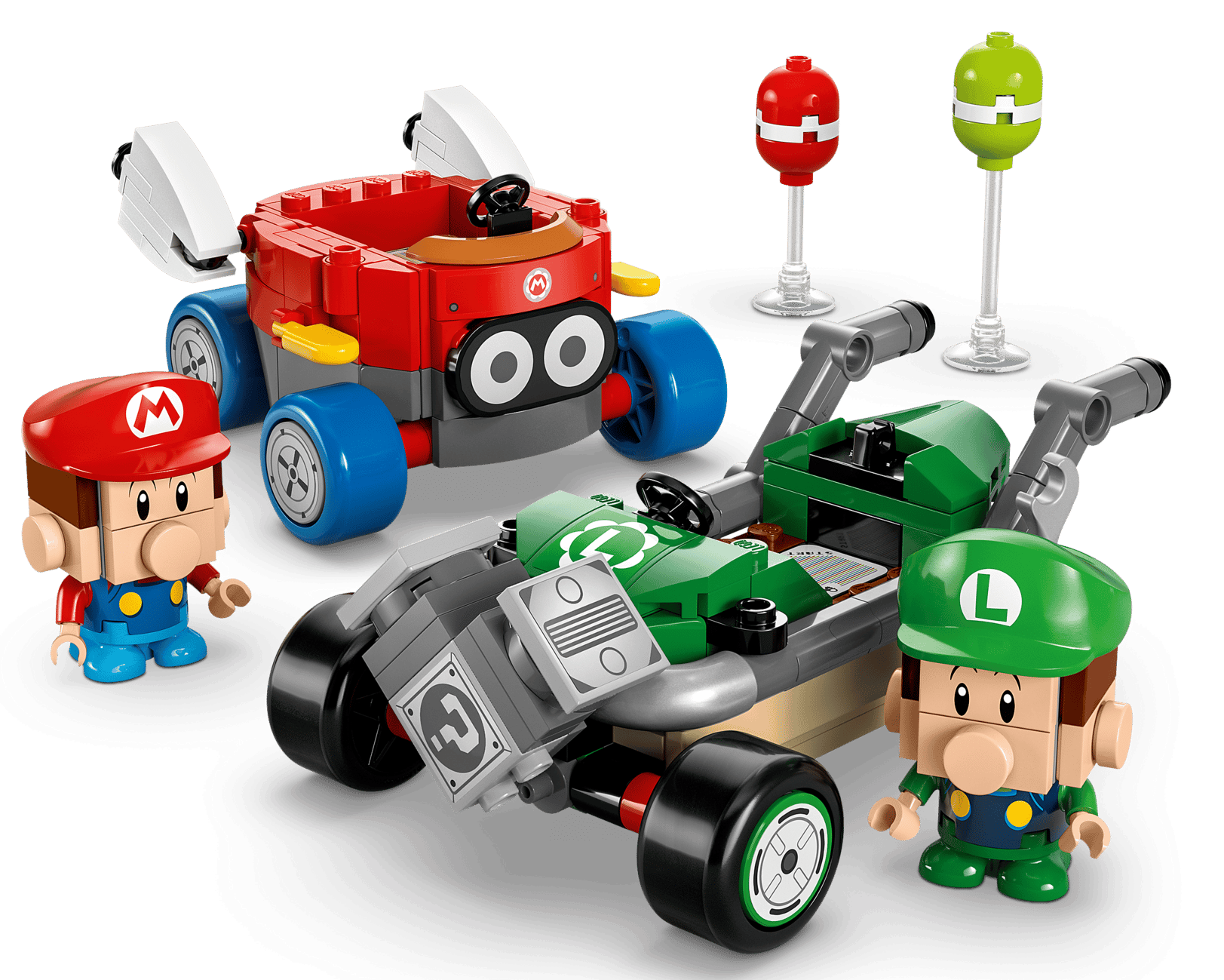 The LEGO® Super Mario™ Mario Kart™ – Baby Mario vs. Baby Luigi set by Legos - Toyhouse includes Baby Mario and Baby Luigi figures, a red car, a green go-kart, plus two background items on stands for exciting race play.