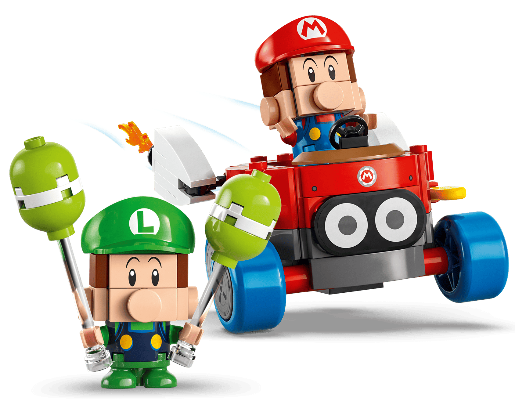 LEGO® Super Mario™ Mario Kart™ – Baby Mario vs. Baby Luigi by Legos - Toyhouse features baby versions of Mario and Luigi with a car and green accessories—ideal for adding to any Mario Kart playset or Nintendo collectible figure collection.