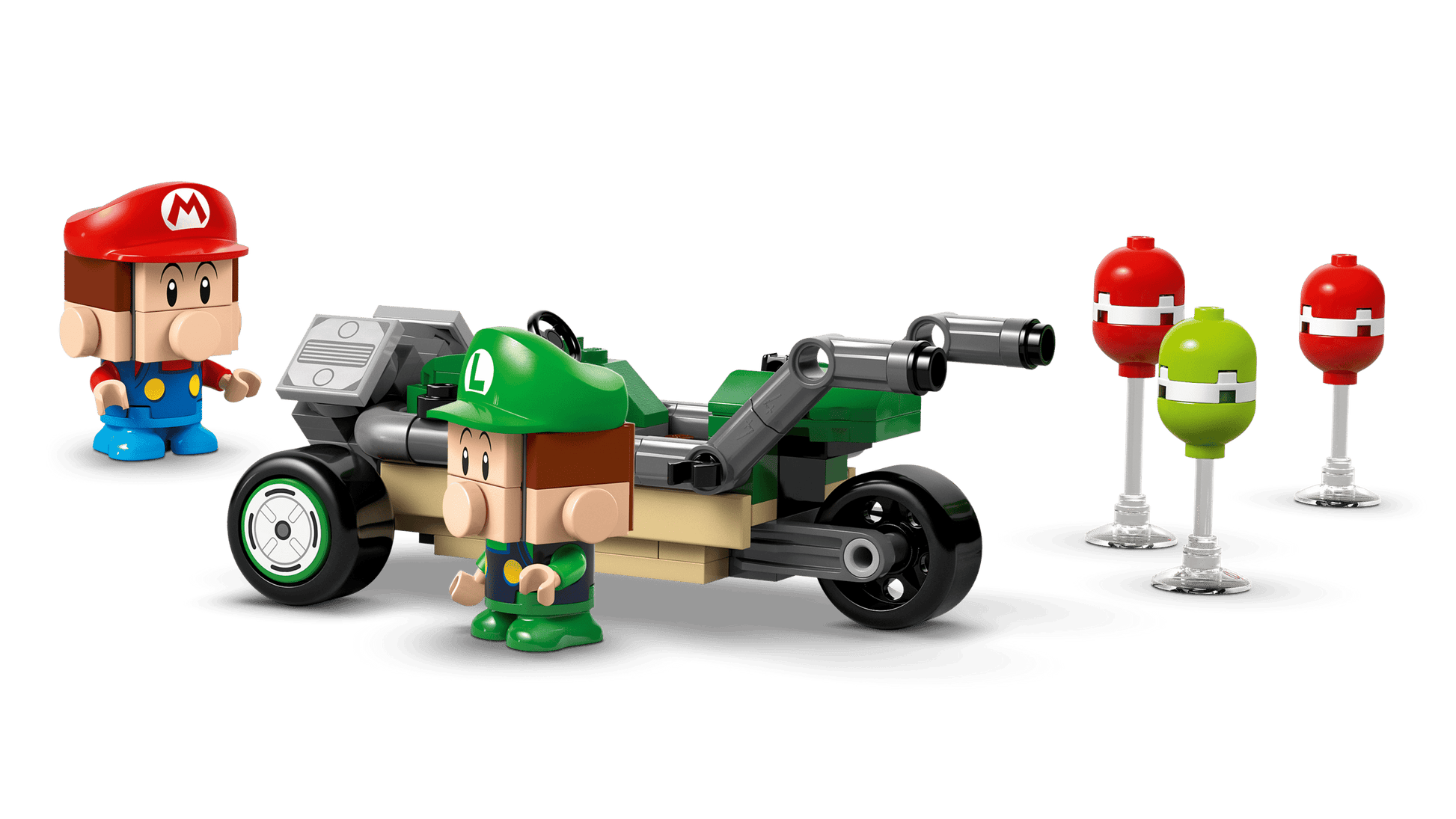 Legos - Toyhouse’s LEGO® Super Mario™ Mario Kart™ – Baby Mario vs. Baby Luigi features red and green-capped figures, a motorcycle build, and three colorful plant stands for a fun Mario Kart-style playset scene.