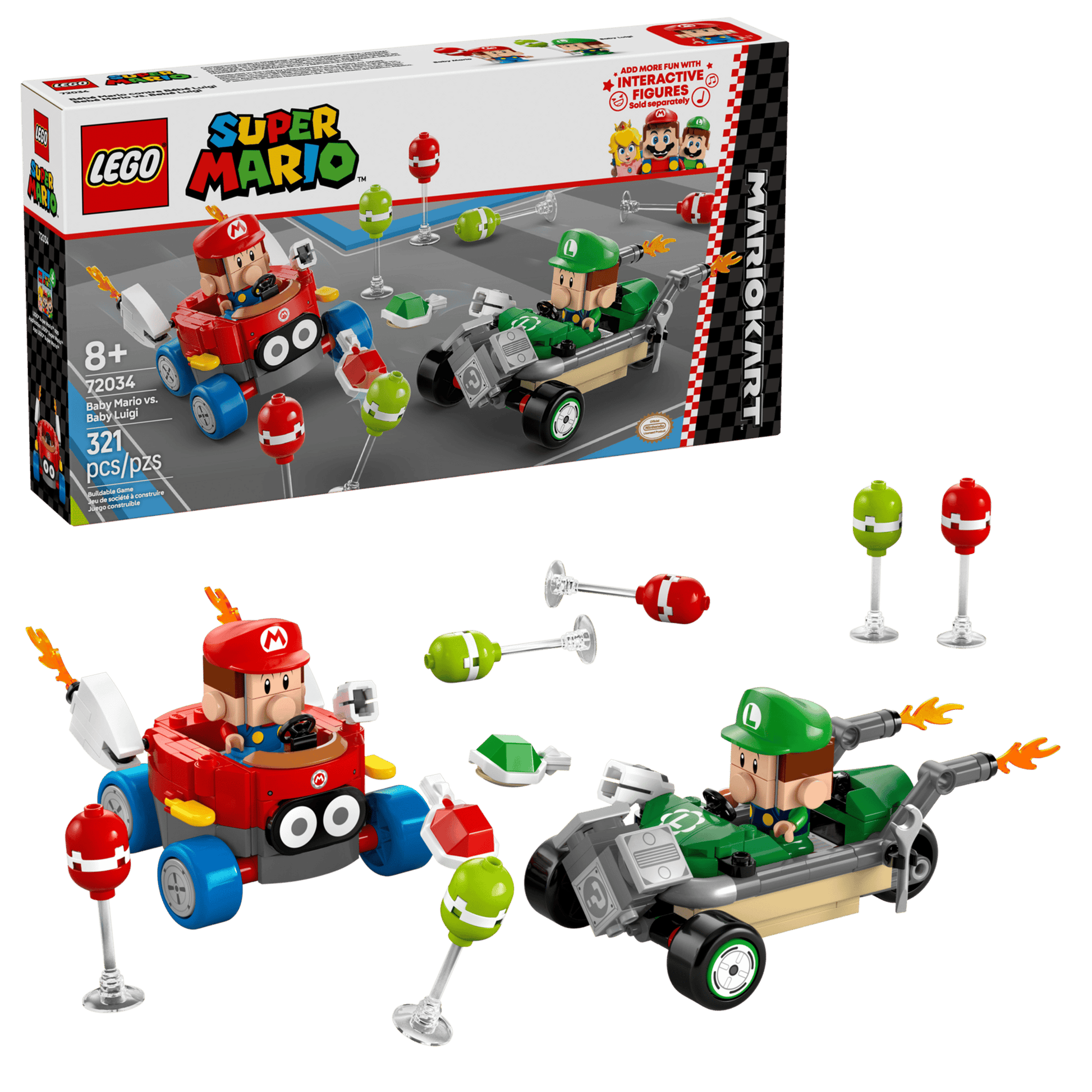 The LEGO® Super Mario™ Mario Kart™ – Baby Mario vs. Baby Luigi set by Legos - Toyhouse includes Baby Mario and Baby Luigi figures in karts, accessories, 327 pieces, and is designed for ages 8+, shown with the product box in the background.