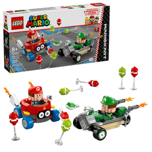 The LEGO® Super Mario™ Mario Kart™ – Baby Mario vs. Baby Luigi set by Legos - Toyhouse includes Baby Mario and Baby Luigi figures in karts, accessories, 327 pieces, and is designed for ages 8+, shown with the product box in the background.