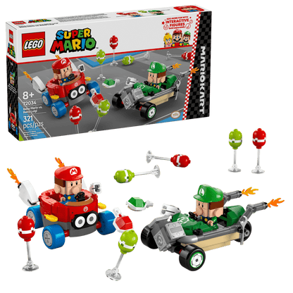The LEGO® Super Mario™ Mario Kart™ – Baby Mario vs. Baby Luigi set by Legos - Toyhouse includes Baby Mario and Baby Luigi figures in karts, accessories, 327 pieces, and is designed for ages 8+, shown with the product box in the background.