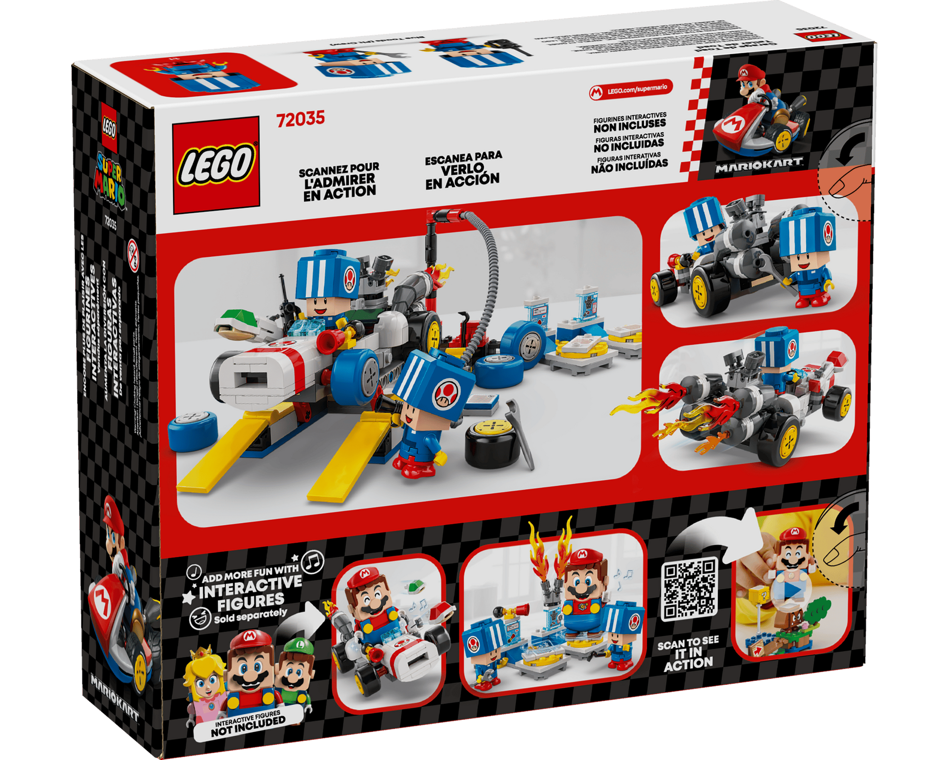 Back of Legos - Toyhouse LEGO® Super Mario™ Mario Kart™ – Toad's Garage box displays a Mario Kart-themed build, interactive features, play scenarios, compatible LEGO Super Mario figures, and images of assembled pieces.