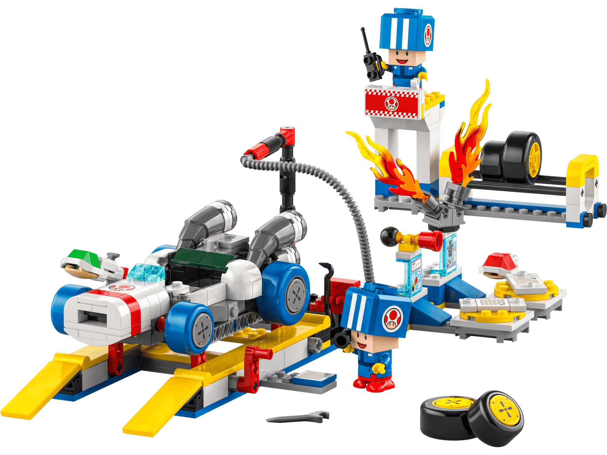 Legos - Toyhouse’s LEGO® Super Mario™ Mario Kart™ – Toad's Garage includes a B Dasher-inspired car, tools, spare wheels, flames, and two mechanic minifigures—ideal for LEGO Super Mario and Mario Kart fans.