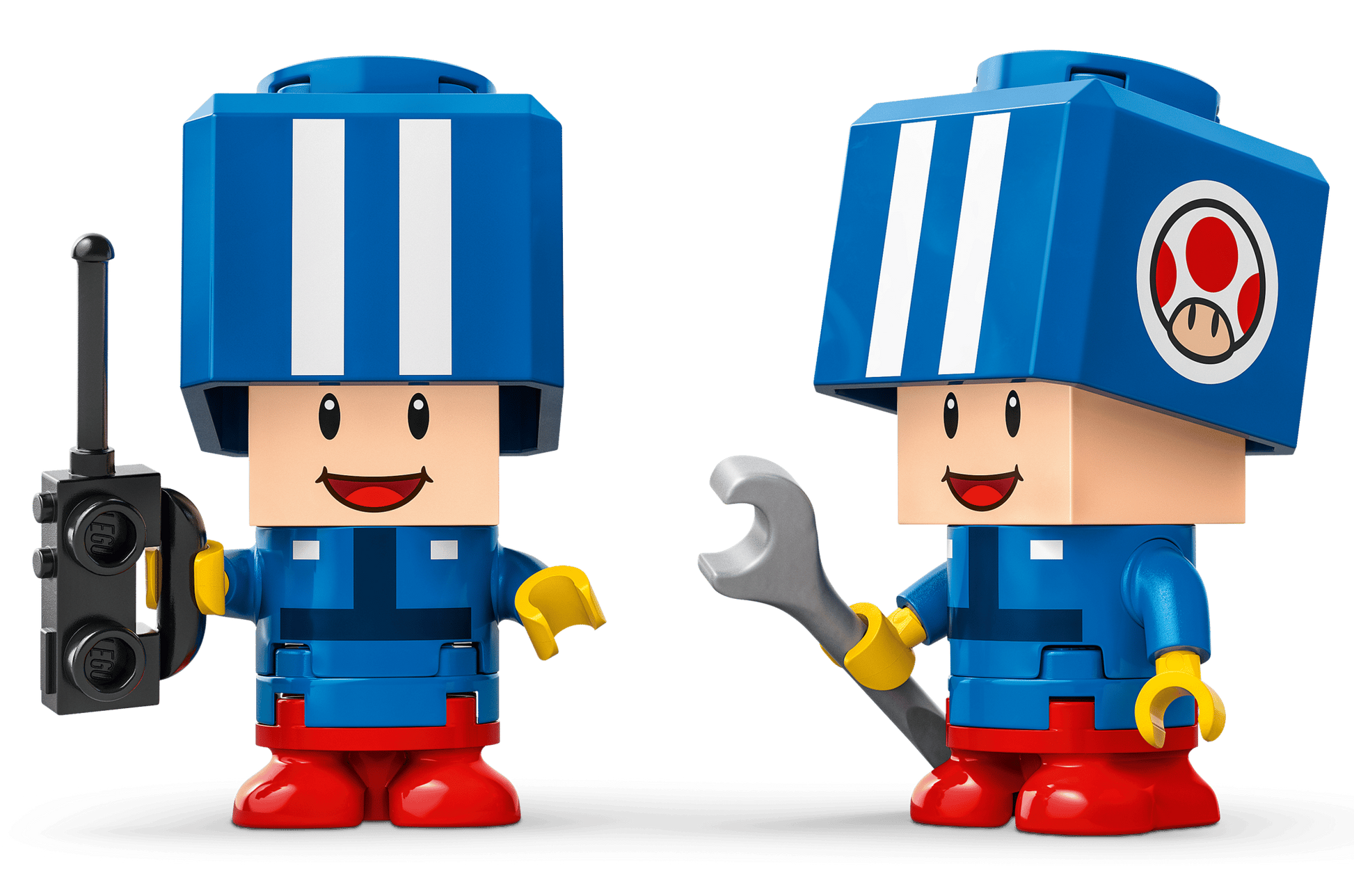 Add the Legos - Toyhouse LEGO® Super Mario™ Mario Kart™ – Toad's Garage set to your collection: includes two Toad figures with blue helmets, one holding a walkie-talkie and the other a wrench—ideal for any Mario Kart fan.