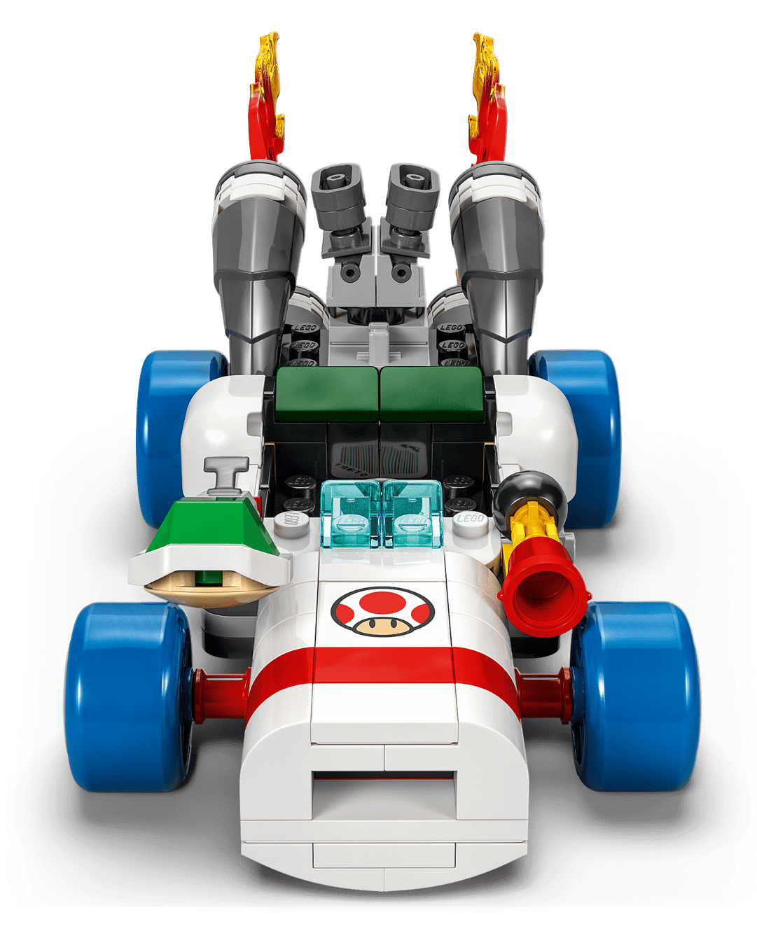 The Legos - Toyhouse LEGO® Super Mario™ Mario Kart™ – Toad's Garage features a model with blue wheels, red stripes, a mushroom emblem, and flaming exhaust pipes—perfectly resembling the iconic B Dasher.