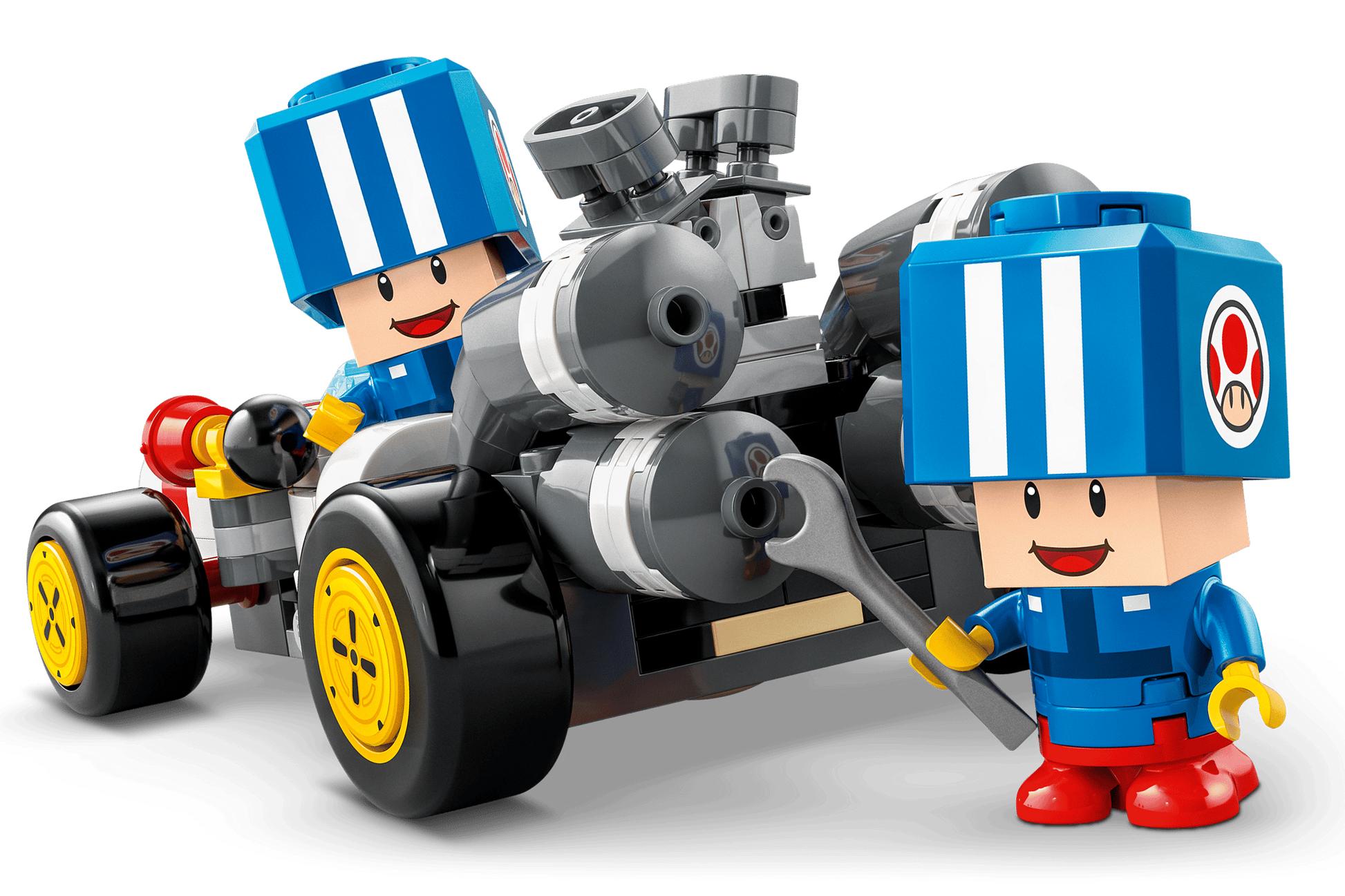 Two blocky figures in blue uniforms from the LEGO® Super Mario™ Mario Kart™ – Toad's Garage by Legos - Toyhouse interact with a detailed B Dasher, one holding a wrench, the other seated in the car.