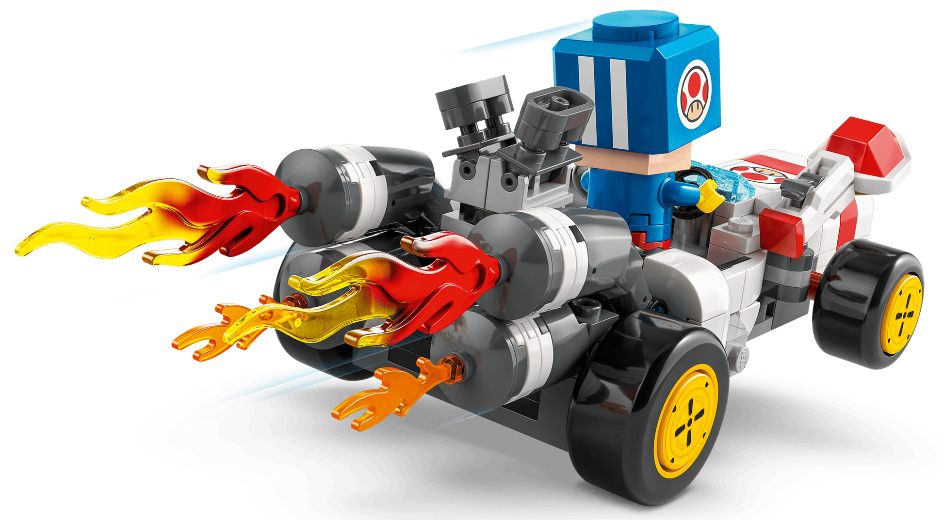 The LEGO® Super Mario™ Mario Kart™ – Toad's Garage by Legos - Toyhouse features a B Dasher toy car with yellow wheels, flame pieces, and a blue-helmeted figure with a mushroom symbol—ideal for any Mario Kart collection!.