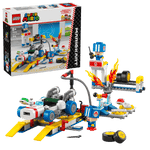 The LEGO® Super Mario™ Mario Kart™ – Toad's Garage set by Legos - Toyhouse features a garage scene with cars, including a B Dasher, figures, tools, accessories, and the set box in the background.