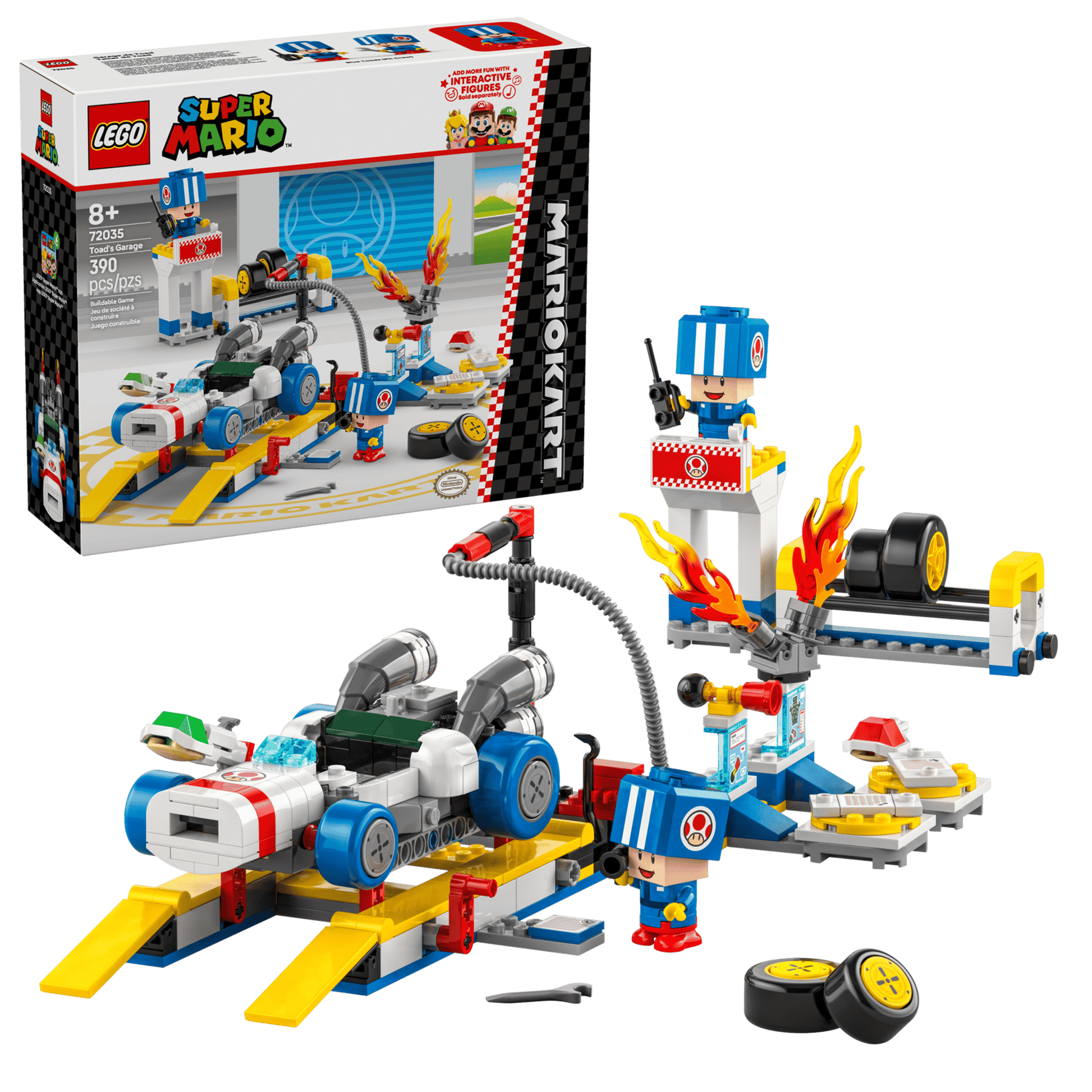 The LEGO® Super Mario™ Mario Kart™ – Toad's Garage set by Legos - Toyhouse features a garage scene with cars, including a B Dasher, figures, tools, accessories, and the set box in the background.