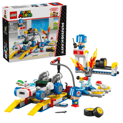 The LEGO® Super Mario™ Mario Kart™ – Toad's Garage set by Legos - Toyhouse features a garage scene with cars, including a B Dasher, figures, tools, accessories, and the set box in the background.