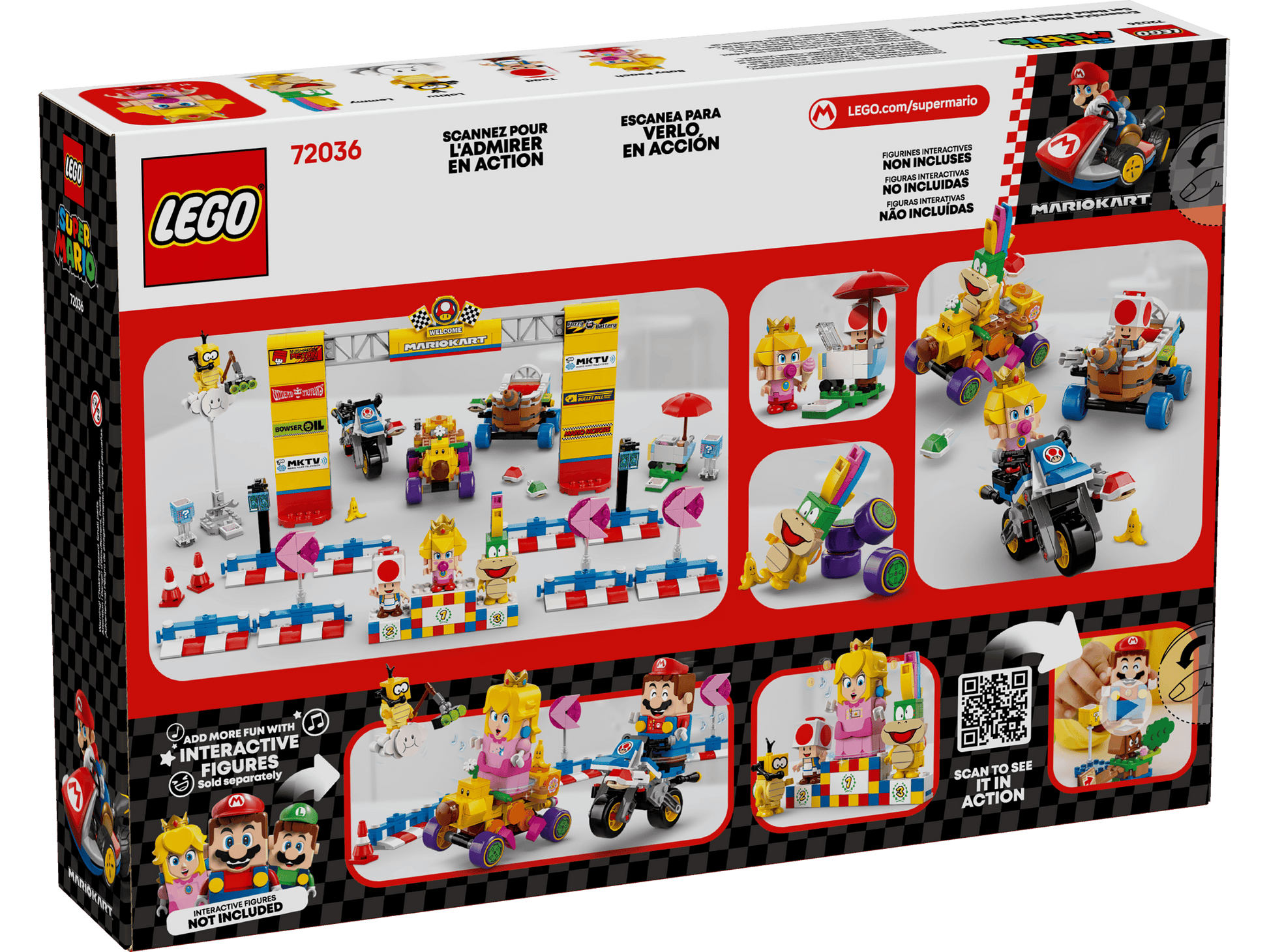 Back of the LEGO® Super Mario™ Mario Kart™ – Baby Peach & Grand Prix Set by Legos - Toyhouse box showing interactive kart figures, race scenes, set items, and a QR code to watch the set in action.