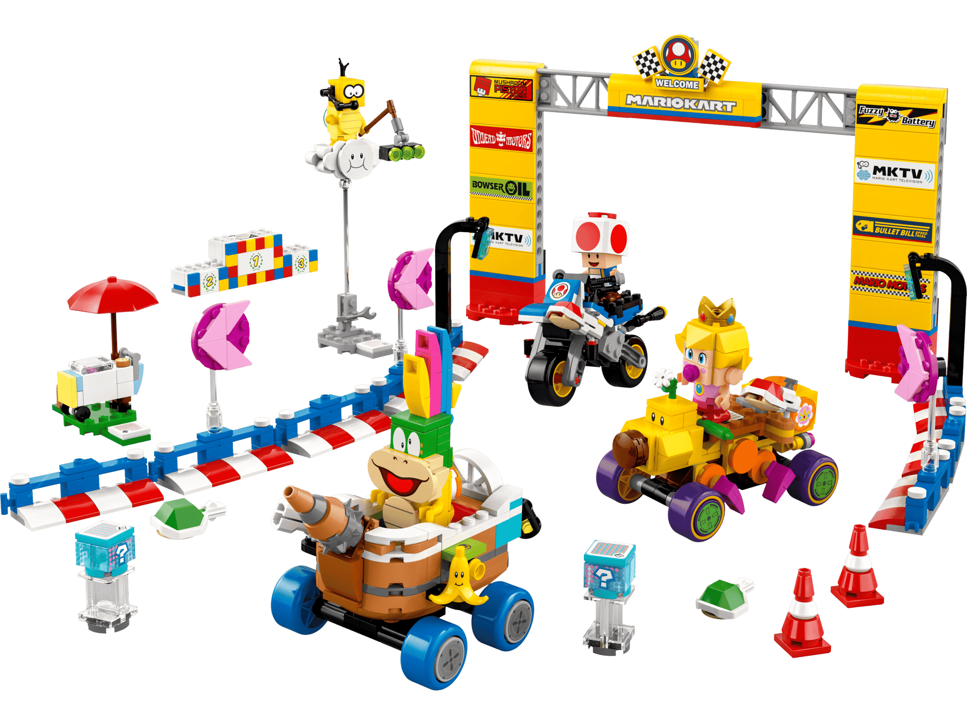 Build epic races with the LEGO® Super Mario™ Mario Kart™ – Baby Peach & Grand Prix Set from Legos - Toyhouse, featuring Baby Peach on her kart, a starting gate, track barriers, traffic cones, and game-inspired accessories. Perfect for Mario Kart fans!.