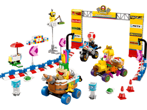 Build epic races with the LEGO® Super Mario™ Mario Kart™ – Baby Peach & Grand Prix Set from Legos - Toyhouse, featuring Baby Peach on her kart, a starting gate, track barriers, traffic cones, and game-inspired accessories. Perfect for Mario Kart fans!.