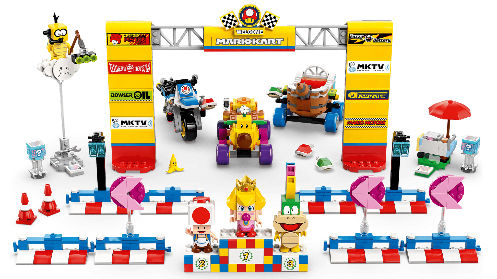 The LEGO® Super Mario™ Mario Kart™ – Baby Peach & Grand Prix Set by Legos - Toyhouse includes Baby Peach, karts, starting gate, cones, signs, and race-themed accessories in a vibrant Nintendo display.