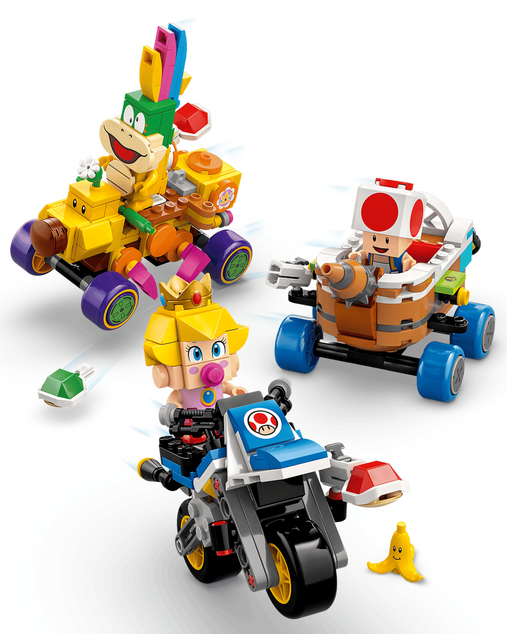 The LEGO® Super Mario™ Mario Kart™ – Baby Peach & Grand Prix Set by Legos - Toyhouse features Baby Peach racing with dynamic effects and fun obstacles on the track.