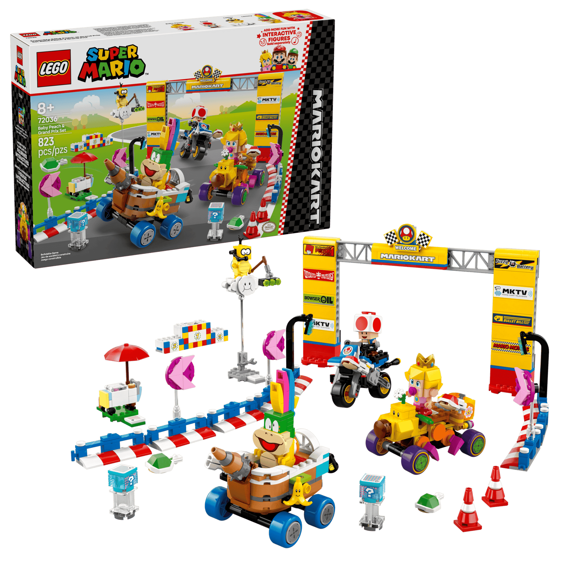 Kickstart the excitement with the LEGO® Super Mario™ Mario Kart™ – Baby Peach & Grand Prix Set by Legos - Toyhouse, featuring vehicles, characters, a finish line arch, and accessories—all displayed with the product box in the background.
