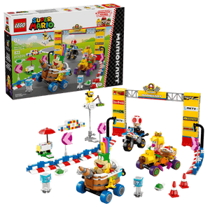 Kickstart the excitement with the LEGO® Super Mario™ Mario Kart™ – Baby Peach & Grand Prix Set by Legos - Toyhouse, featuring vehicles, characters, a finish line arch, and accessories—all displayed with the product box in the background.