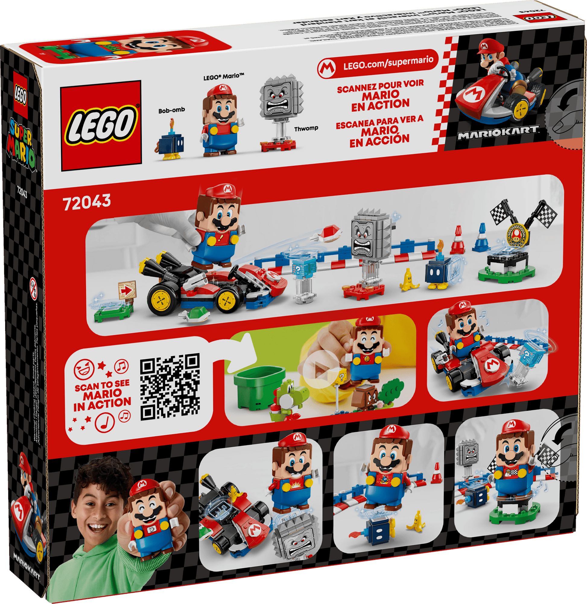 Back of the Legos - Toyhouse LEGO® Super Mario™ Mario Kart™ box featuring Interactive LEGO® Mario™ & Standard Kart, interactive pieces, QR code, and kids playing with the Super Mario toy set.