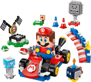 The LEGO® Super Mario™ Mario Kart™ set by Legos - Toyhouse features an interactive LEGO® Mario™ figure, standard red kart, racetrack accessories, finish line, obstacles, and fun Mario-themed elements for exciting play.