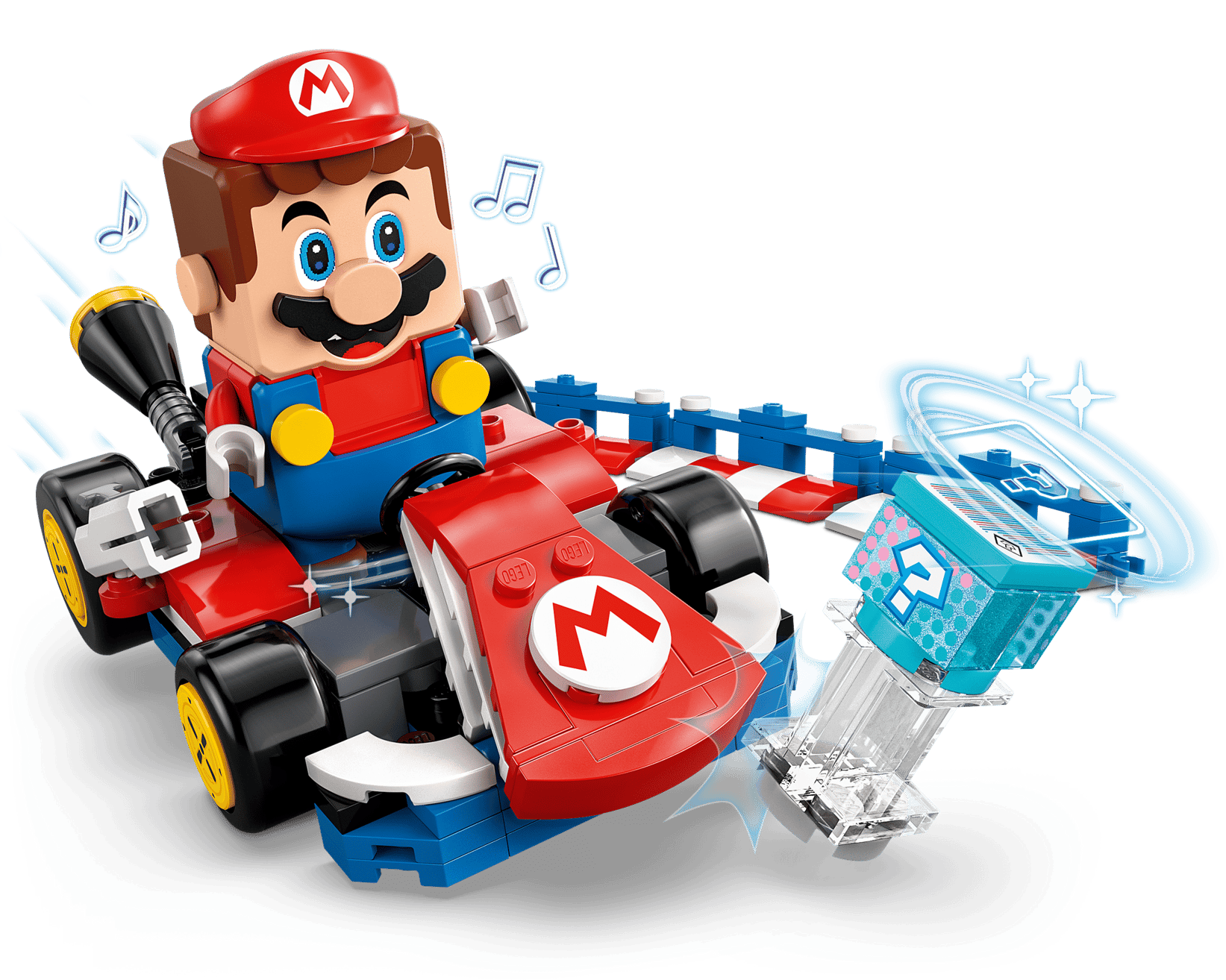 The LEGO® Super Mario™ Mario Kart™ – Interactive LEGO® Mario™ & Standard Kart by Legos - Toyhouse features a red and blue kart, blue item box, and musical notes for an exciting Super Mario playset inspired by the video game series.