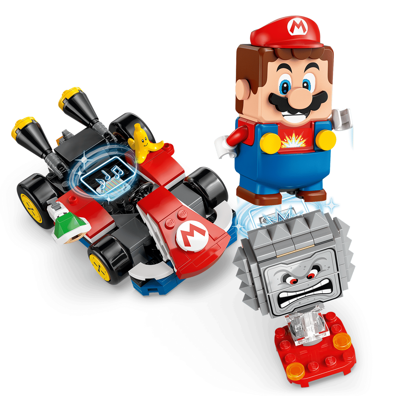 The LEGO® Super Mario™ Mario Kart™ – Interactive LEGO® Mario™ & Standard Kart by Legos - Toyhouse features a LEGO Mario figure with a red and black kart and gray Thwomp block, making an exciting Super Mario playset on a white background.